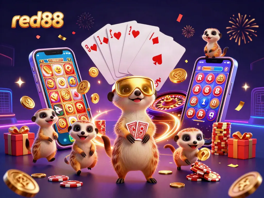 red88 meerkats managing a vibrant casino scene with slot games and golden coins bursting, enriching the gambling atmosphere.