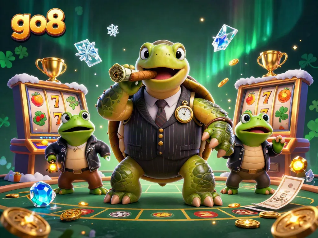 Experience go8 slots with a whimsical 3D turtle and frogs amid dynamic casino action.