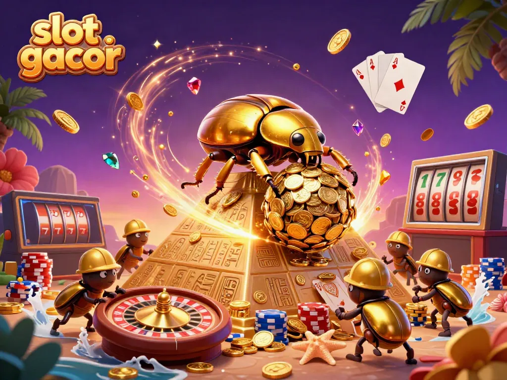 See the slot gacor beetle rolling golden coins amidst vivid casino elements in a dynamic scene.