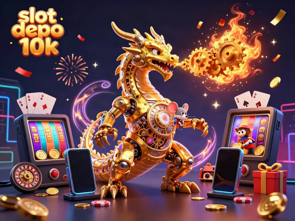 Experience thrilling gaming with the slot depo 10k scene, showcasing dynamic slots and vibrant casino elements.