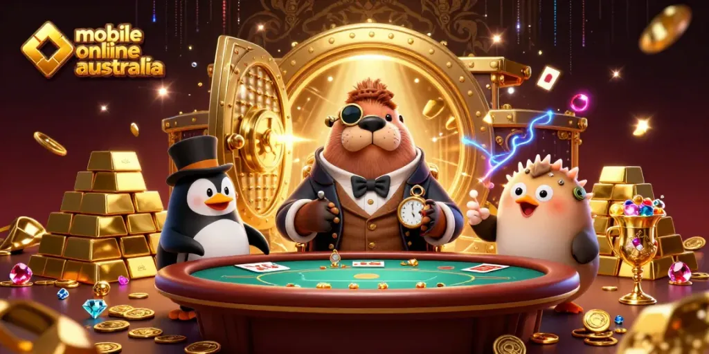 Experience thrilling gameplay at mobile online casinos Australia with a jolly walrus and his friends at an underwater poker table.