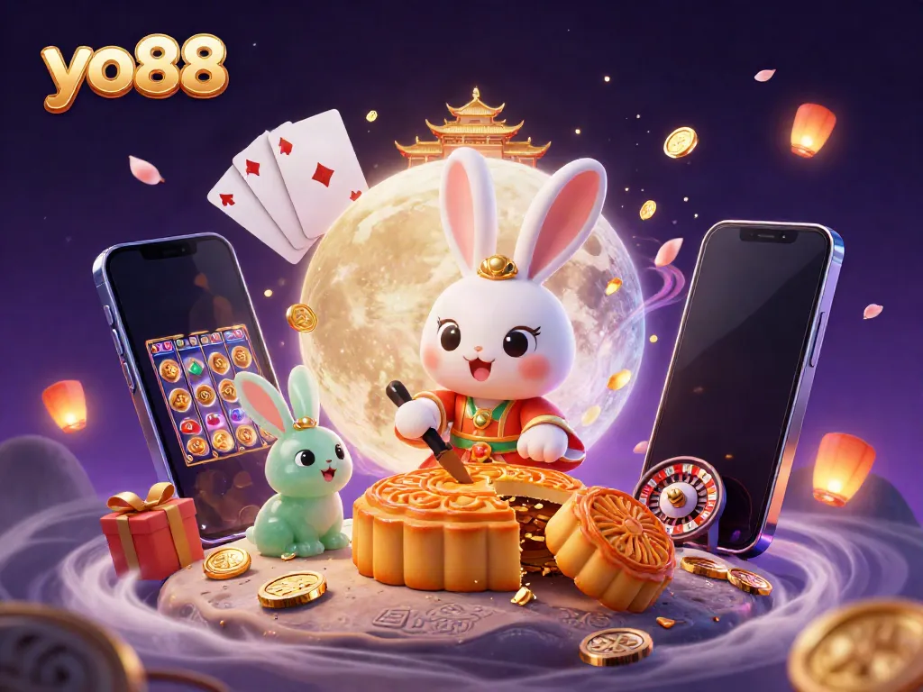 Engage in exhilarating games at YO88, featuring vibrant moon rabbit illustrations and casino elements.