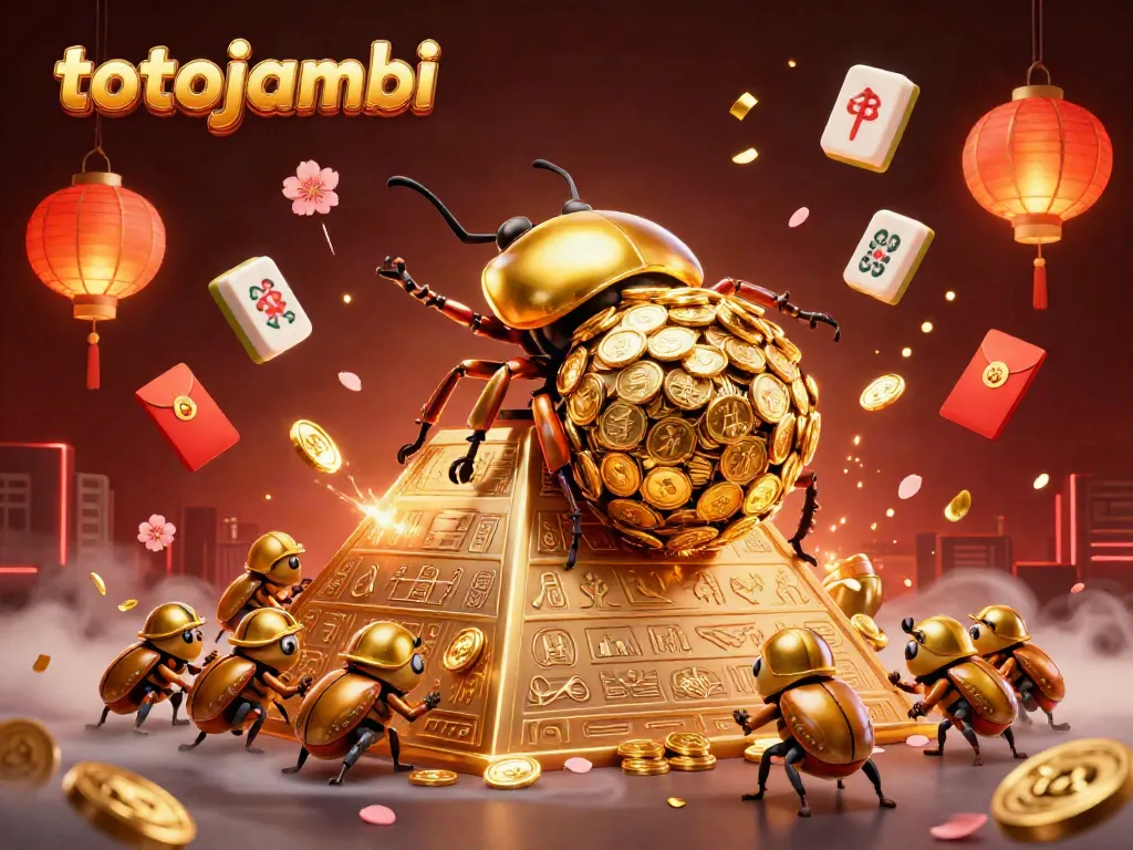 Experience the excitement of totojambi with golden beetles, coins, and festive symbols at a dynamic casino.