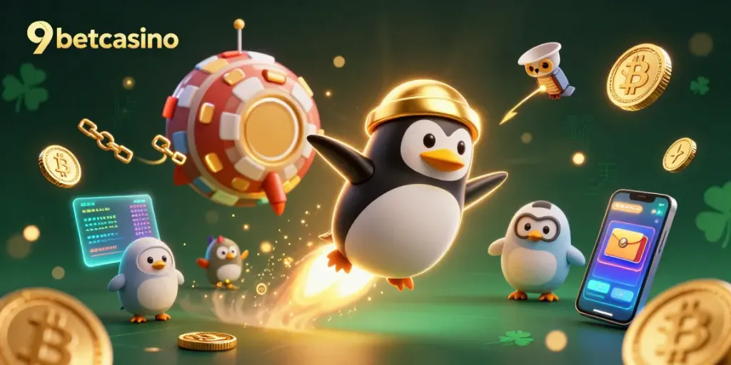 Experience the excitement of 9betcasino with a vibrant casino-themed space adventure featuring a rocket-powered penguin.