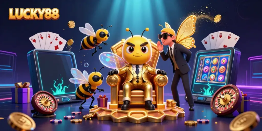 Experience LUCKY88's rich casino atmosphere with a cartoon boss and gaming elements.