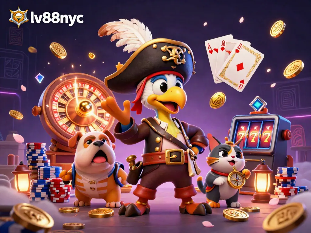 Experience the vibrant casino excitement at lv88nyc with pirate captains, roulette wheels, and sparkling treasures.