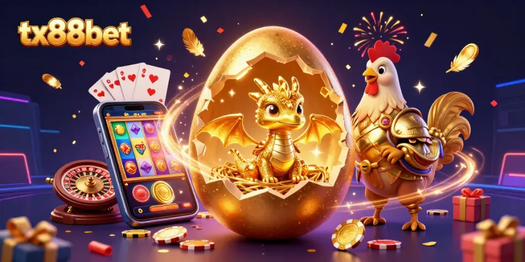 Play and win at tx88bet with an exciting illustration of a golden dragon and poker chips.