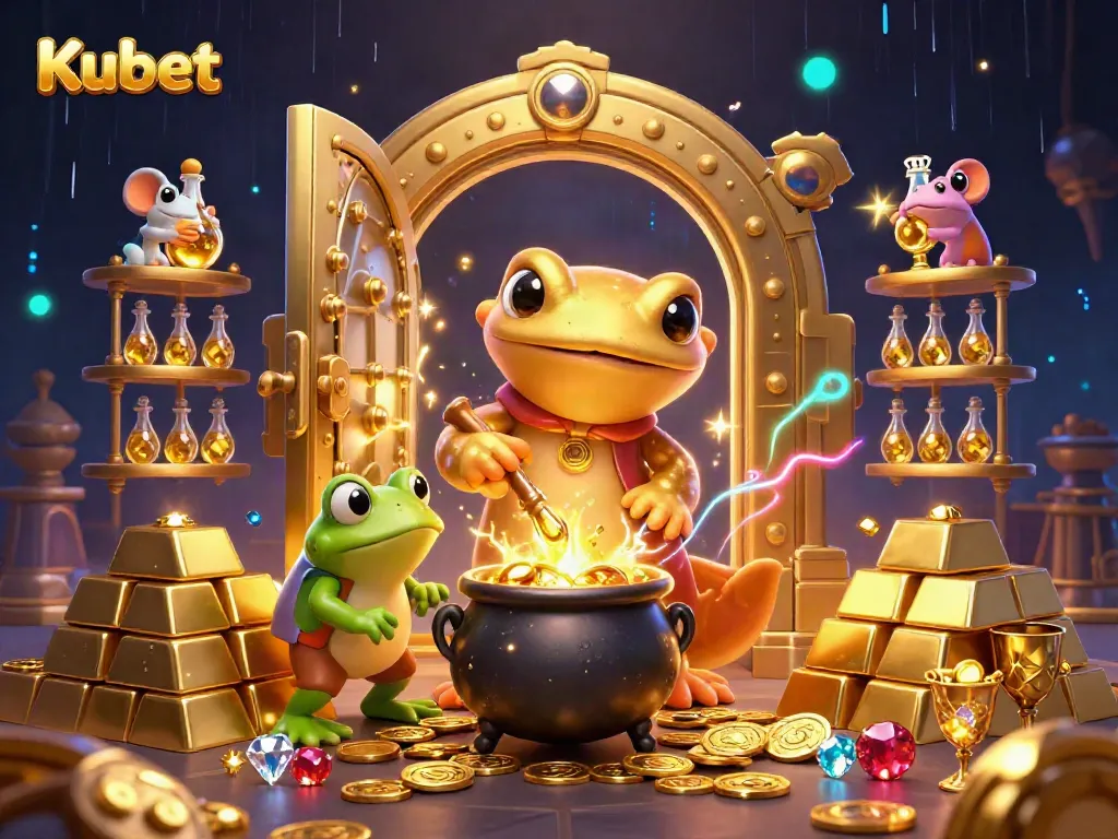 Kubet offers exciting adventures with a golden salamander alchemist crafting treasures in a vibrant 3D casino scene.