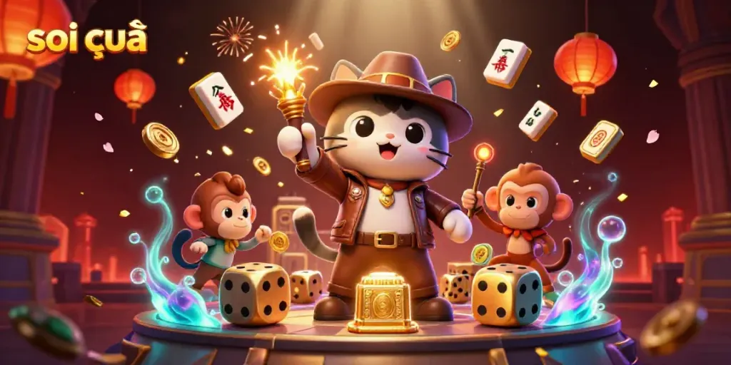 Soi cầu: 3D cartoon explorer cat discovers a golden casino artifact in a temple.