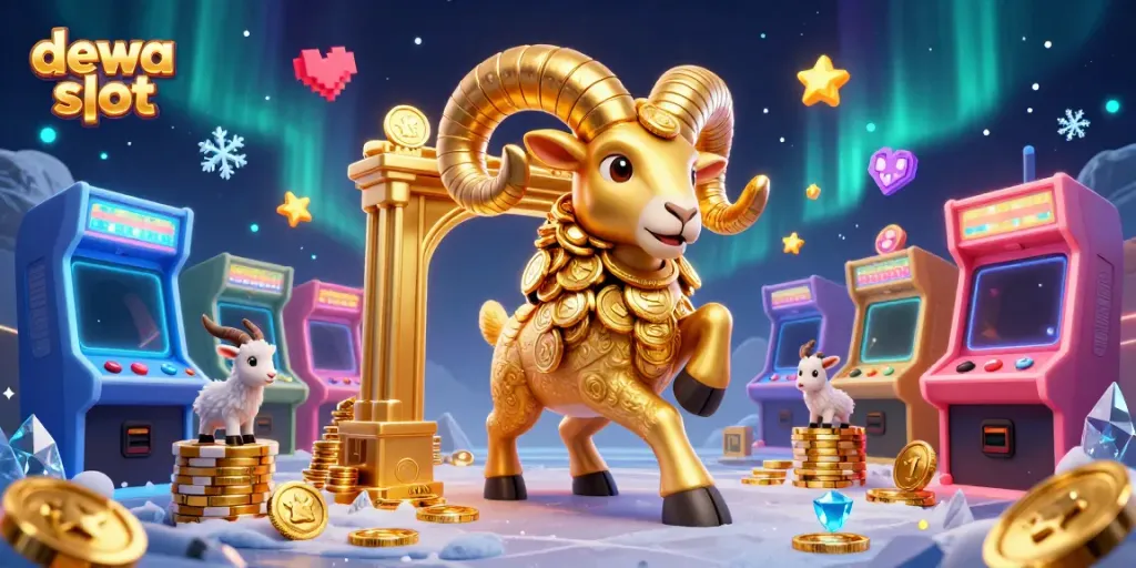 Engage in thrilling dewa slot games with vibrant visuals of golden ram and arcade machines in action.