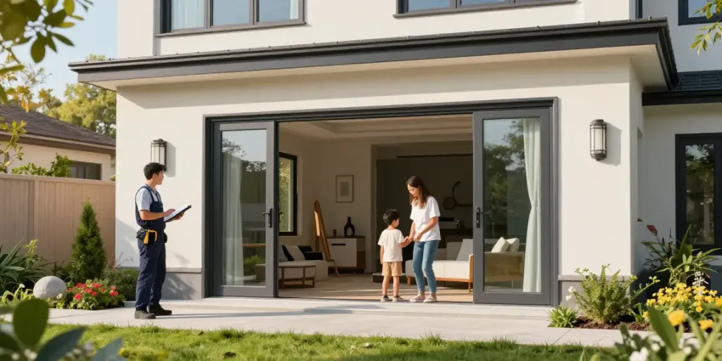 Pintu upvc Tangerang enhancing a modern home's exterior with elegant design and a vibrant garden.