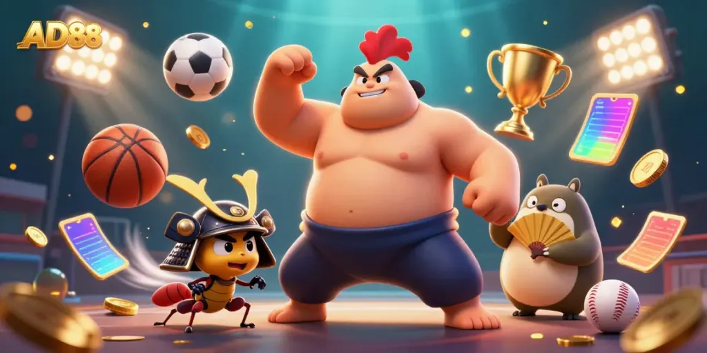 Experience the excitement of AD88 with a dynamic casino scene featuring animated characters and vibrant gaming elements.