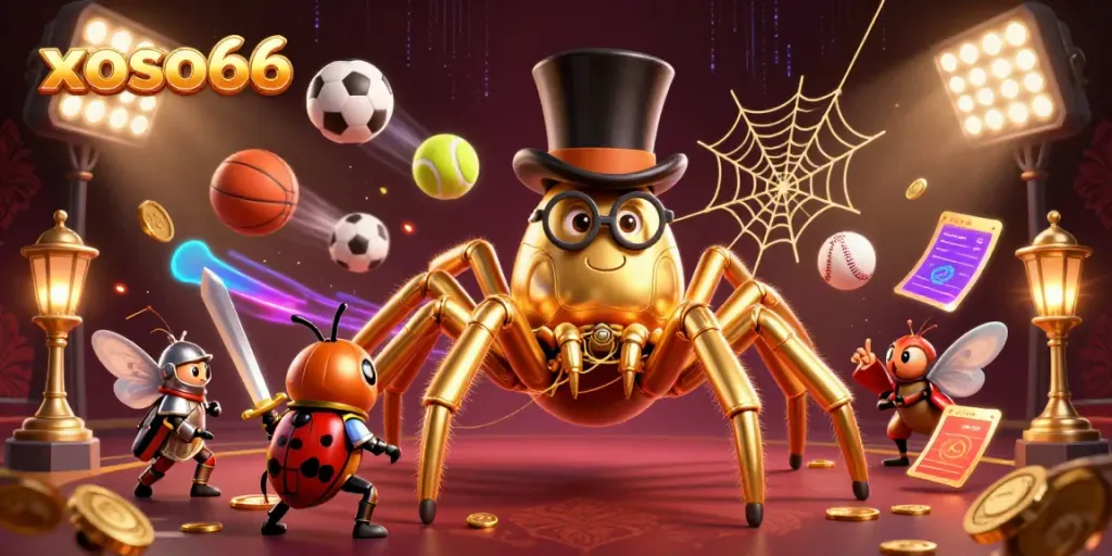 Experience the excitement of xoso66 with a whimsical scene of a golden tarantula and beetle knight in a vibrant casino.