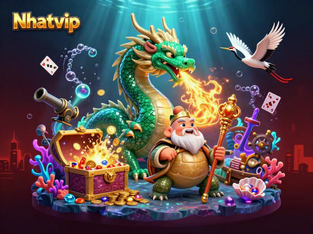 Nhatvip showcases a vibrant casino scene with a dragon, turtle sage, and lucky cranes amidst treasure and gaming elements