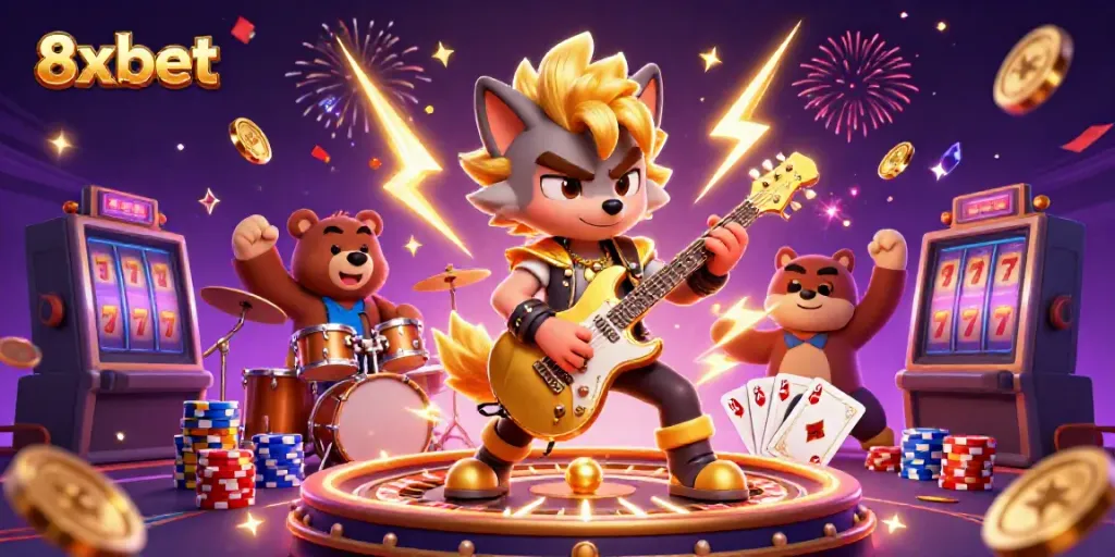 Experience thrilling 8xbet excitement with vibrant casino elements and animated characters.