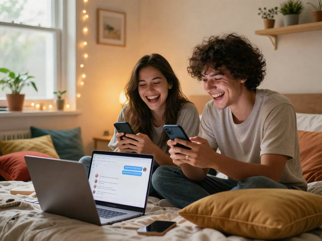 A cozy bedroom scene with a couple enjoying ai sexting, showcasing playful text exchange and a vibrant, inviting atmosphere.