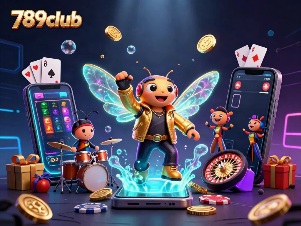 Engage in thrilling slots with 789club, featuring a vibrant casino scene with animated characters and exciting game visuals.