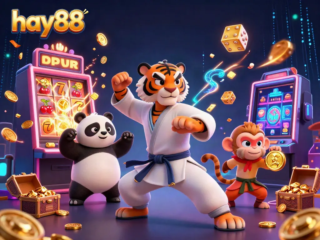 Experience thrilling casino action with hay88 as a kung fu tiger master and friends celebrate a jackpot.