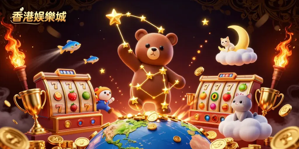 Engage in thrilling play at 香港娛樂城 with a vibrant 3D illustration of slot machine elements, gold coins, and enchanting characters.