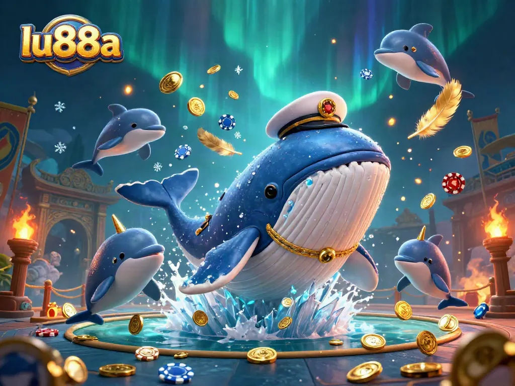 Experience the excitement of winning with lu88a's vibrant casino adventure, featuring a whale and playful dolphins.