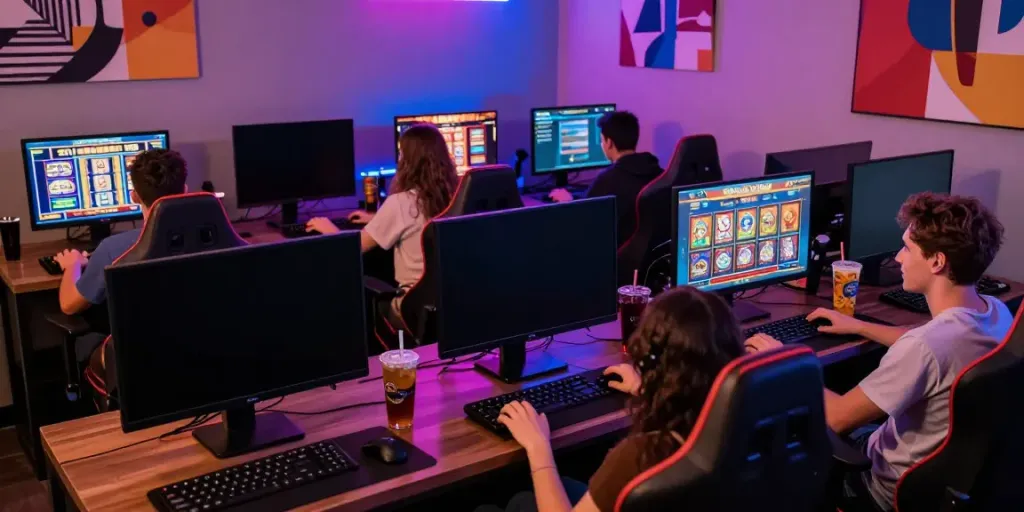 Enthusiastic players enjoying Situs gacor games in a modern gaming lounge.