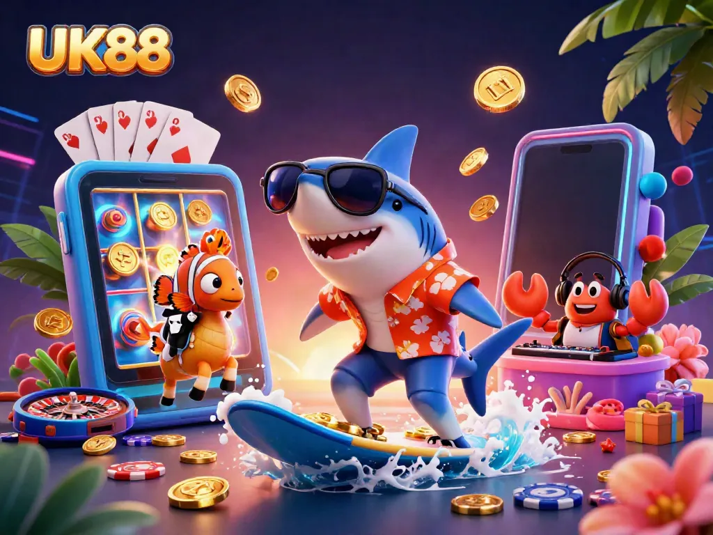 UK88 showcases vibrant gameplay featuring a shark surfing gold coins and a clownfish with a seahorse, symbolizing online casino fun.