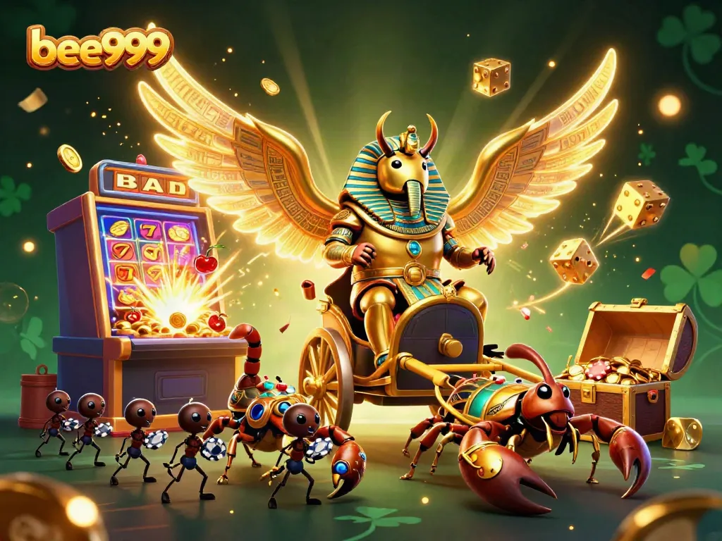 Experience thrilling gaming with bee999 as a golden beetle leads epic chariot battles in a vibrant casino.