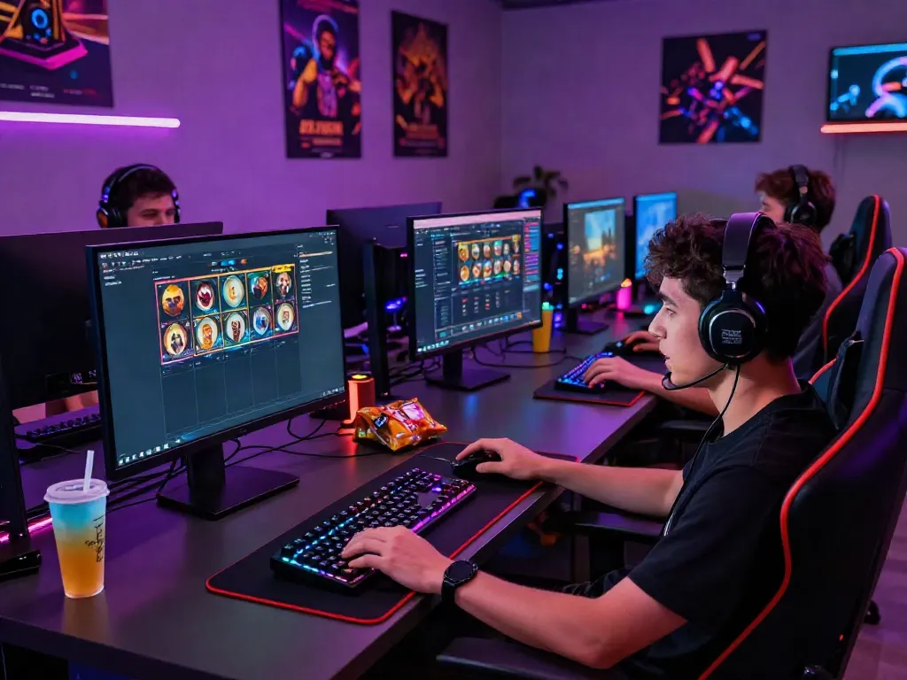 Exciting gaming setup featuring a slot gacor hari ini interface, colorful LED lights, and snacks.