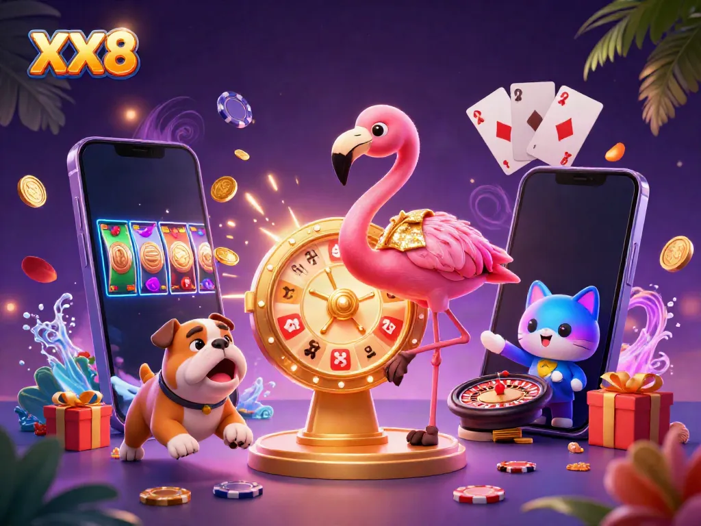 Engage with the exciting rewards at XX8 through a vibrant game show scene.