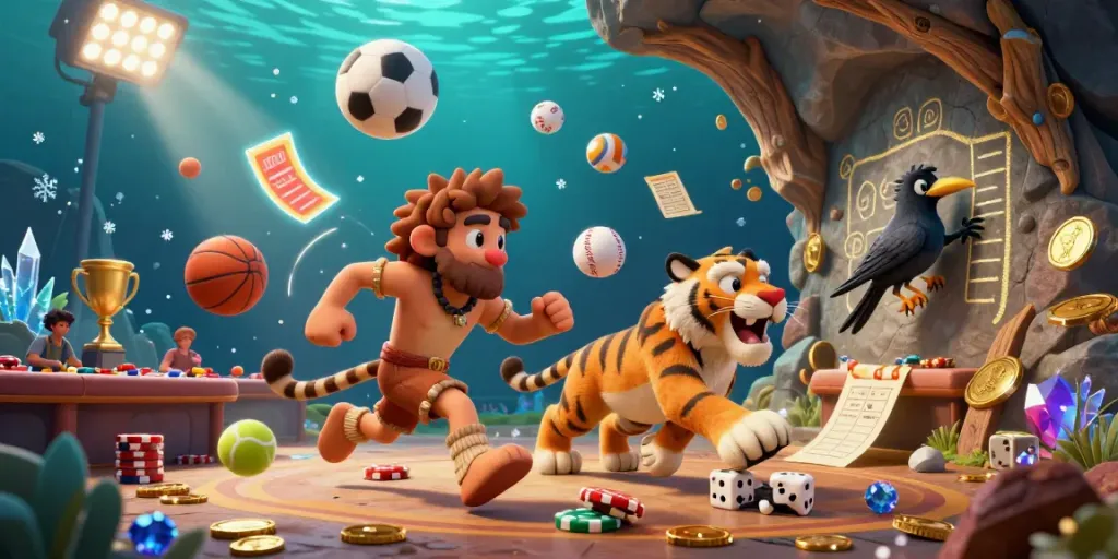 Experience the vibrant gaming atmosphere at Sunwin's prehistoric casino with a caveman and sabertooth tiger duo.