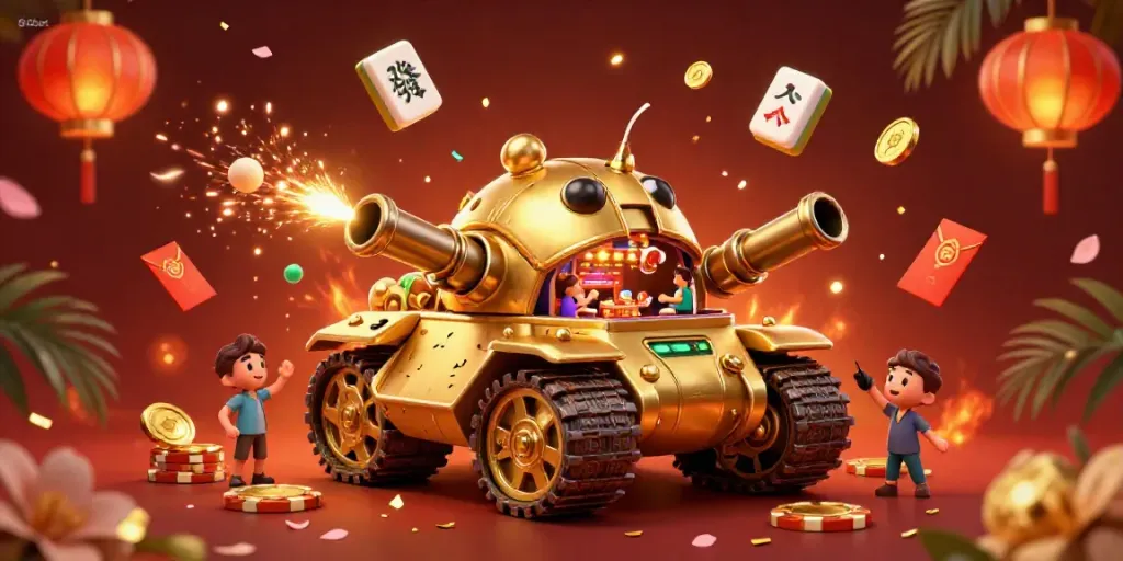 Experience the thrilling excitement of 8xbet with a vibrant scene featuring a golden beetle tank showcasing a miniature casino filled with dynamic elements.