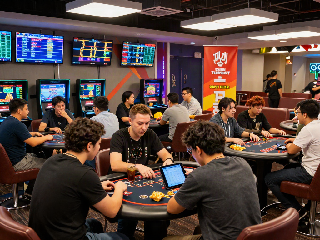 Engaged bettors at a gambling lounge discussing 먹튀스팟 for safe betting practices.