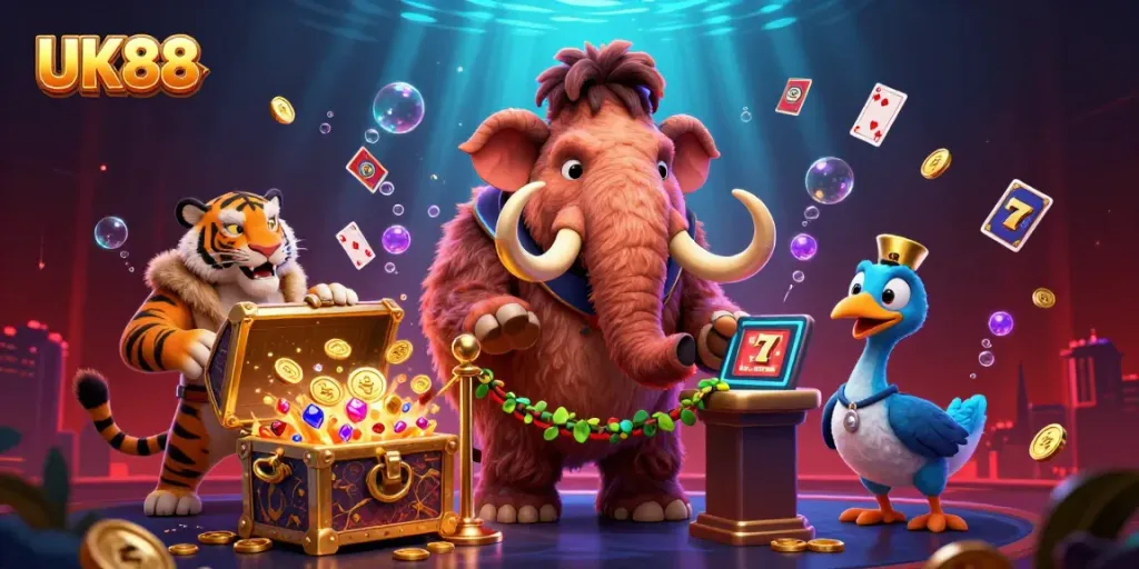 Exciting scene featuring UK88's casino characters, showcasing vibrant elements and dynamic gaming action.