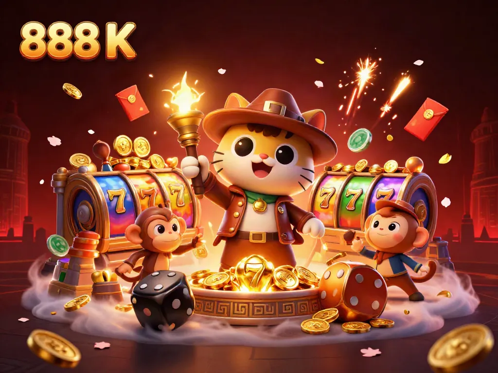 Engage with an exciting scene of 888 K where a cartoon archaeologist cat discovers a golden artifact amid vibrant casino elements.