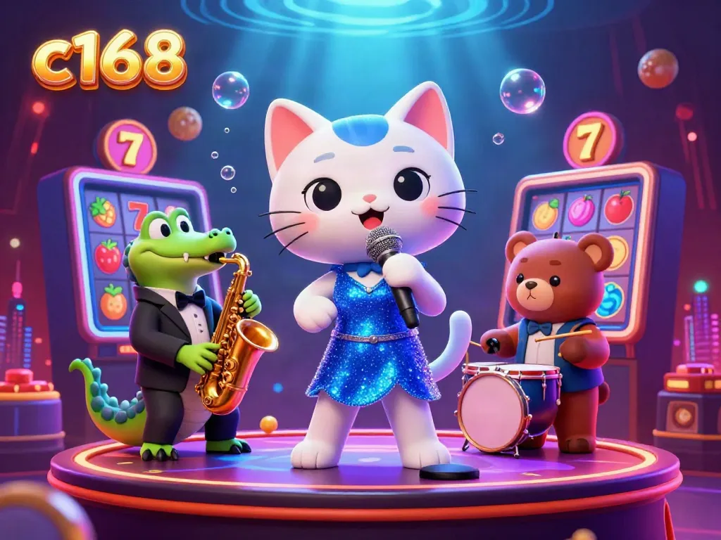 Experience thrilling moments with c168 as a jazz-singer cat, crocodile, and bear cub perform in a vibrant casino atmosphere.
