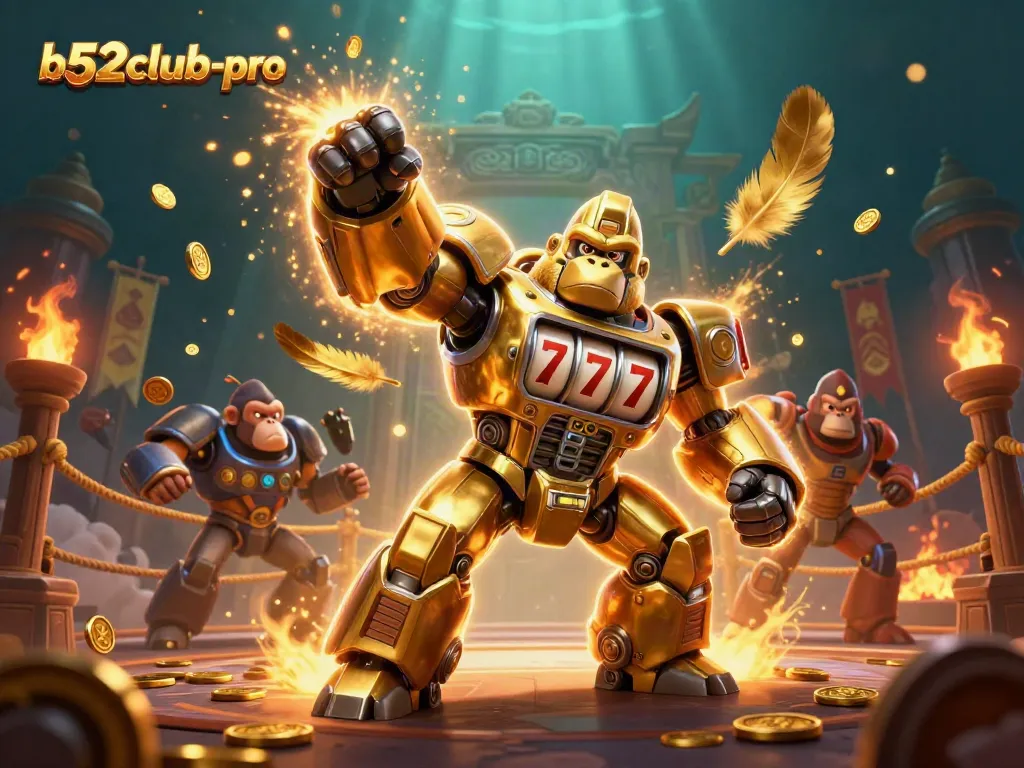 Engage in thrilling gameplay with b52club-pro, featuring a golden gorilla mech surrounded by casino elements.