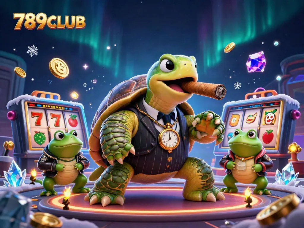 Engage in thrilling gameplay at 789CLUB with immersive slots and jackpot excitement featuring a cartoon turtle and bullfrogs.