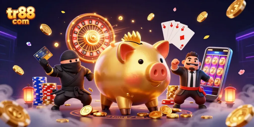 Experience thrilling gaming at tr88 com with a powerful piggy bank sumo wrestler amid golden riches.