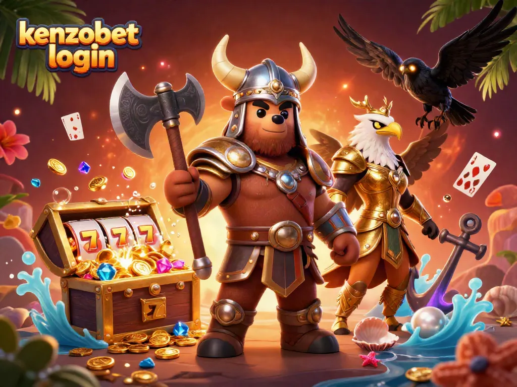 Kenzobet login scene showcasing a Viking bear and Valkyrie eagle amidst dynamic casino elements like slot reels and cards