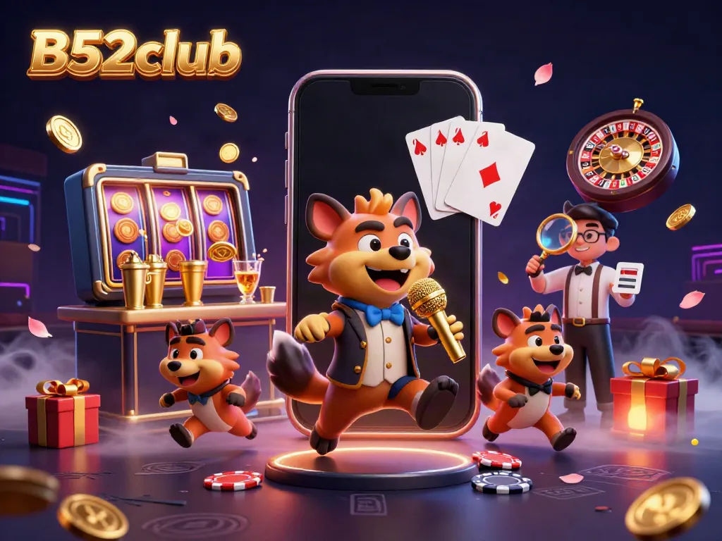 B52club hyenas entertain in a vibrant casino scene with dynamic gaming elements around.