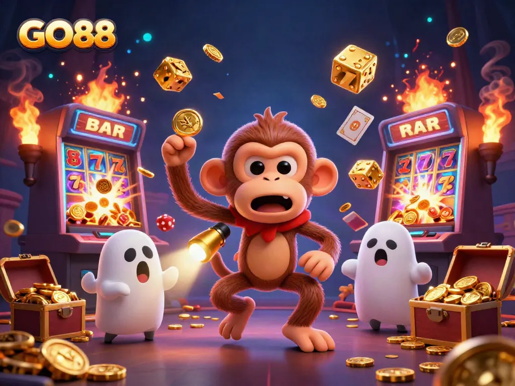 Experience the thrill of GO88 with a haunted casino scene filled with vibrant characters and gold.