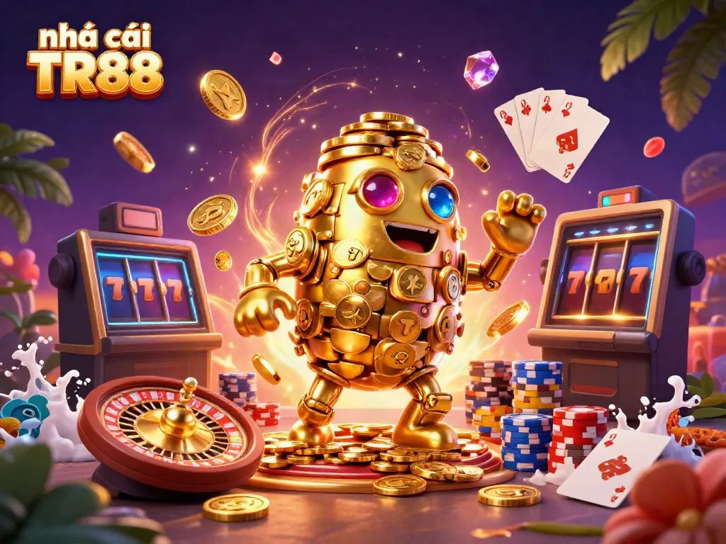 Engage with dynamic gaming elements at Nhà cái TR88, featuring a golden golem and vibrant casino visuals.