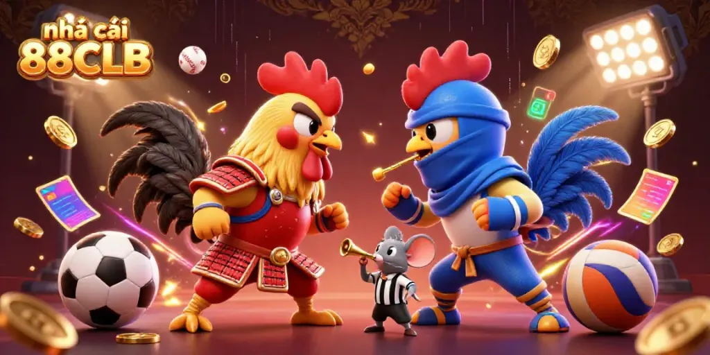Engage with thrilling standoff between roosters in samurai and ninja armor at nhà cái 88CLB.
