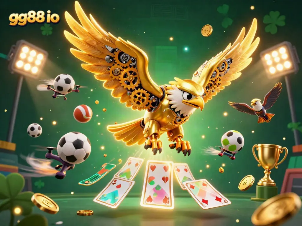 Engage with gg88 io by witnessing a dynamic 3D scene of a golden eagle amidst vibrant casino elements.