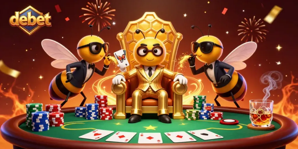 Engage in thrilling poker moments with debet's vibrant gambling illustration featuring a cartoon bumblebee boss.